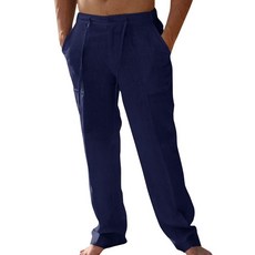 PASLTER 남성용 캐주얼 리넨 팬츠 루즈핏 신축성 있는 드로스트링 허리 스트레이트 레그 여름 요가 비치 롱 팬츠 A-네이비 블루 S 118986