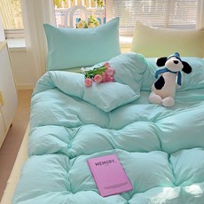 1급 믹스매치 단색 워시드 면 4종 세트 초부드러운 구름 면 기숙사 3종 세트 4종 세트, 카테고리 A - 믹스 앤 매치 - 아쿠아 그린과 옐로우, 0.9m 침대 시트 3종 세트(이불커버 1.5x2m)