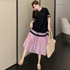 Yellwel여름 플러스 사이즈 믹스매치 투톤 원피스 투피스 디자인 롱 원피스 DJP