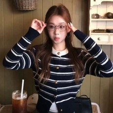 투니스 여성 배색 스트라이프 슬림핏 니트 가디건