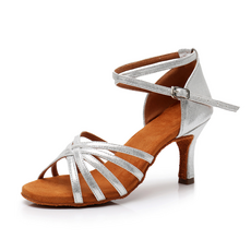 댄쓰얼랏 라틴댄스화 소프트힐 사교댄스 여성 댄스스포츠화 신고 벗기 편한 U자 고리 타입, 7CM, 245, 격자형 실버 가죽