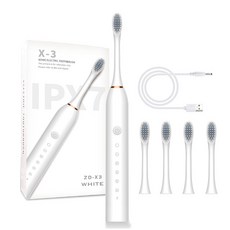 X-3 聲波電動牙刷 USB充電式 防水情侶牙刷套裝, 白色4刷頭:1
