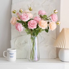 熙美誠品 仿真玫瑰花束【牡丹仿真花絹】永生花 乾燥花 居家裝飾 餐桌花擺設, 粉紅3香槟3+幻彩玻璃瓶