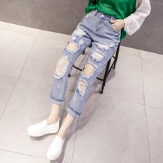 여성용 봄 여름 빅사이즈 와이드 데님 팬츠 스트레이트 9부 찢어진 청바지