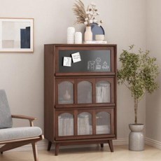 【貓嶼】複古玻璃餐邊櫃客廳裝飾墻櫃實木茶水櫃酒櫃北歐儲物收納中古家具, 胡桃色