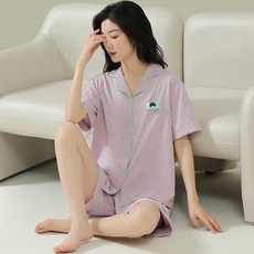 女士睡衣 夏季 薄款 涼感 純棉 短袖 短褲 兩件套 家居服