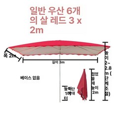 사각 파라솔 직사각형 대형우산 캐노피 접이식 2mX1.5m/4개빗살/4컬러중 선택(비고란), 1cm, 1개, 레드 3x2 6살대