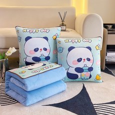겨울용 기모 안감 두꺼운 크리스탈 벨벳 베개 겸 이불 2-in-1 침실 및 차량용 쿠션, 40*40cm를 펼치면 100*150 ±3cm, 해피 팬더 두꺼운 크리스탈 벨벳