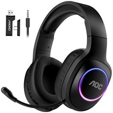 PS5 PS4 닌텐도 스위치 PC 블루투스 5.4 및 2.4용 AOC 무선 게이밍 헤드셋노이즈 캔슬링 마이크 RGB 타입-C 20ms 지연 시간 45H 7.1, Black, Black