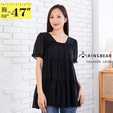 眼圈熊 中大尺碼 U771 雪紡長版上衣，木耳邊方領蛋糕裙，輕柔飄逸展現氣質，黑M-3L, 黑XL, 黑