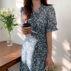 BLANCSHOP 碎花短袖雪紡連衣裙, 藍色