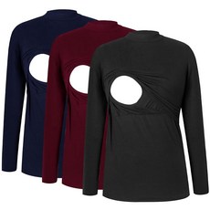 [ 758254 ] 스몰쇼 여성용 수유 상의 크루넥 긴소매 모유 셔츠 3팩 블랙-네이비-마룬