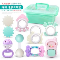 嬰兒手搖鈴 幼兒可咬牙膠 牙膠搖鈴玩具 安撫玩具 固齒器 可水煮, 水煮搖鈴牙膠8件套, 1個