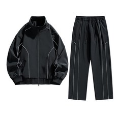 春秋季港風情侶款運動休閒長款棉服套裝