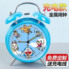 臺灣出貨 動漫哆啦A夢機器貓打鈴鬧鍾 DIY定製金屬臺鍾 可愛卡通床頭鬧鈴 生日禮物, 1個, 哆啦A夢2黑色,電池款