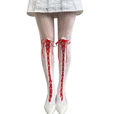 ShawGobow 꽃무늬 레이스 타이츠 여성용 레이스업 리본 귀여운 스타킹 크리스마스 카와이 코스튬 사이즈 0-20 화이트 & 레드