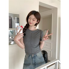 여름 편안하고 통기성 좋은 정숄더 반팔 숏 기장 여성 슬림핏 상의