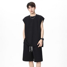 字母圖紋無袖背心短褲兩件套組，寬鬆休閒運動套裝