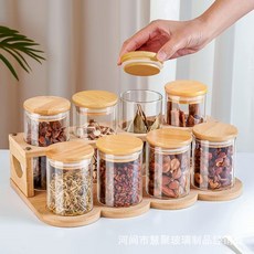 圓形玻璃密封罐 帶木勺調料瓶 廚房食品儲物罐套組, 1個, 65*15*4個+直筒65*10*4個+, N/A