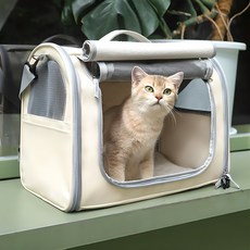 ZOZOFO 고양이 이동장 강아지 이동가방 반려동물 이동가방 삼면통풍 이동가방+이너쿠션, 1개, 크림색-[44*28*35cm]