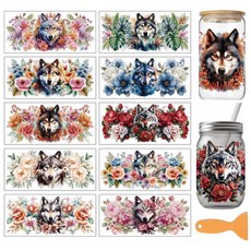 UV 전사 컵 스티커 다양한 패턴 디자인 코팅 장식용 DIY 리무진 10장 세트 24x11cm, 늑대