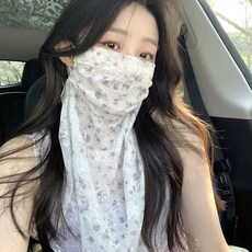 防曬面罩 防曬口罩絲巾面紗護臉護頸女防紫外線夏季面罩薄款透氣全臉遮臉, 紫色【柔紗碎花面罩】