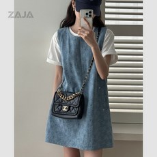 ZAJA 여성 여름 캐주얼 숏 플라워 데님 민소매 원피스