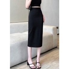 해피유통 여성 블랙 트임 여름 스판 밴딩 미디스커트 jhy