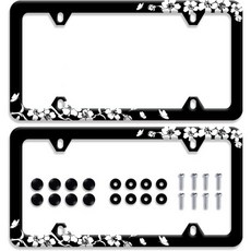 검정색 흰색 벚꽃 번호판 프레임 꽃무늬 꽃 스테인리스 강철 부품 컬러풀 장식용 나사 포함 크기 12.3인치 x 6.3인치 남성 여성, 【2Pcs】Black White Cherry Bloss