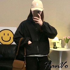 HanVo 運動連帽衝鋒透氣外套 - 寬鬆百搭防曬長袖拉鍊外套