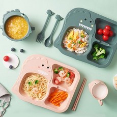 유아 아기 어린이 공룡 식기 세트 흡착 이유식 용기 선물용박스 식판+볼+컵+숟가락+젓가락세트, 공룡식기세트 핑크