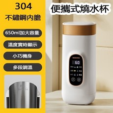 摩動便攜式燒水杯 650ml大容量 304不鏽鋼內膽, 1個, 白色|650ml容量|304內膽