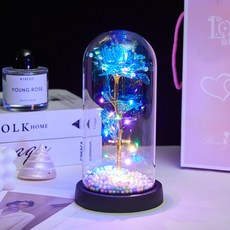 위어라 금박 로즈 유리 돔 - 24K 고급 실크 장미 단일 부케 여자친구/아내 생일/기념일/발렌타인데이 감성 선물, 검은색 배경에 파란색 폼 조각(선물 상자 포함) [색등