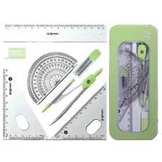 隔日配達 圓規直尺三角尺量角器 不鏽鋼圓規數學繪圖鐵盒收納學生尺子7件組套裝, 1個, 圓規鐵盒-7件套裝(綠), 圓規鐵盒-7件套裝(綠)