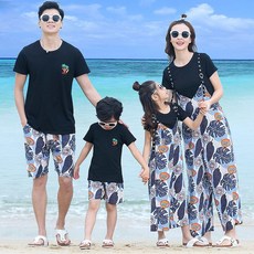 夏季海邊親子裝 短袖海灘度假套裝, 吊帶款大擺裙,男童150碼