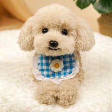 푸들 인형 애착 선물 생일 강아지 동물인형, 27CM, 누워있는 자세 살구 블루 체크 무늬 넥 스카프, 1개