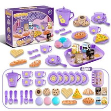 빵집 베이커리 소품 도넛 빵 장난감 키친놀이 선물 셰프 생일선물 하우스, 집에서 다기 세트 디저트 (보라색 상자)