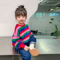 小不點兒 兒童套頭上衣 春秋款 韓版彩虹條紋女童衛衣 寬鬆寶寶小女孩上衣 薄款童裝 (90-160)