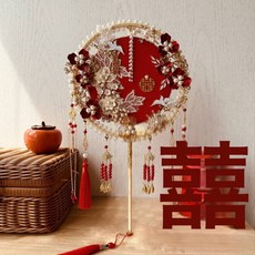 DIU 新娘結婚團扇喜扇diy材料包扇子婚禮手持秀禾扇漢服雙圈成品喜扇, 1個, 紅-玉貌花容♢♢:材料包♢♢
