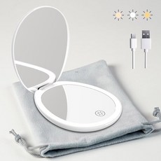 화장대 조명거울 파우더룸 탁상 라이트 펀터치 여행용 화장거울빛이 있는 LED 소형 파우치 컴팩트 거울빛이 조명 10배 확대 거울 귀여운 미니 화장 양면 3색 포켓 휴대용, White With Pocket, 1개