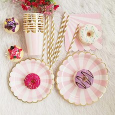 派對盤 粉色條紋 6入+飲料杯 粉色條紋 6入, 1套