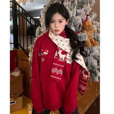 투니스 여성 빈티지 루즈핏 카툰 자수 후드 티셔츠 목도리 포함