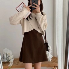 TKX 여성 봄 가을 세트 투피스 원피스 짧은 간팔 티셔츠 귀여운 스타일 트렌디 베이직 상의 미디 스커트 KW69