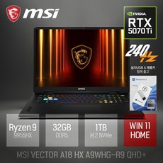 MSI 2025 벡터 A18 HX 라이젠9 라이젠 9000 시리즈 지포스 RTX 5070 Ti, 코스모스그레이, 1TB, 32GB, WIN11 Home, VECTOR A18 HX A9WHG-R9 QHD+ (224)