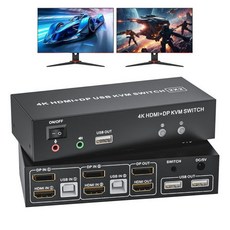 HDMI 디스플레이포트 KVM 스위치 2 모니터 컴퓨터 2대 오디오 마이크로 포함 4K60Hz USB DP 1.4 듀얼 모니터로 확장거울 모드 지원 2PC 공유 키보드 마우스, USB 2.0 2 PC 2 Monitors (HDMI+, 1개