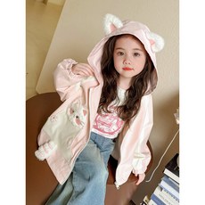 女童春秋外套女寶可愛貓咪口袋貓耳朵連帽風衣小女孩秋裝上衣夾克