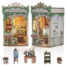Hoggor 서점 북 누크 키트 LED 조명 DIY 미니어처 하우스 3D 나무 퍼즐 책장 장식 디오라마 빌딩 가족 친구, 모네의 스튜디오