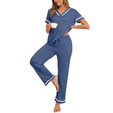 IChunhua Summer Pajamas for Women Soft Short Sleeve V Neck Sleepwear with Wide Leg Trousers Lounge