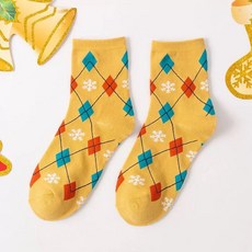 ScottyBear 那隻熊 棉襪 聖誕襪 聖誕老人麋鹿 中筒襪 交換禮物 XS21003, 黃底菱格, 1個
