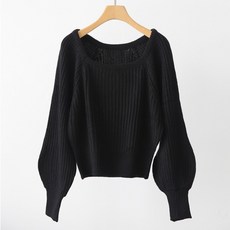 제니트 여성 우아한 실루엣 골지 퍼프 소매 와이드 시보리 스퀘어넥 긴팔 니트웨어